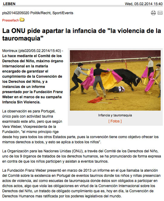 Featured image for “La ONU pide apartar la infancia de “la violencia de la tauromaquia””